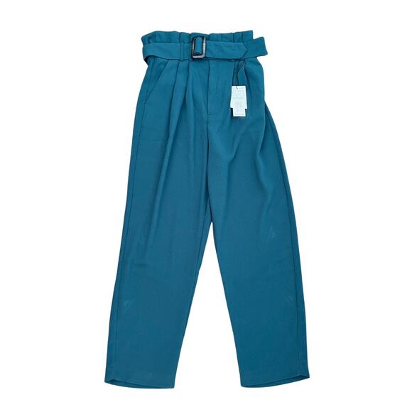 NWT Stradivarius Turquoise Belted  Paper Bag Trousers Pants - Size 4 - Picture 1 of 11